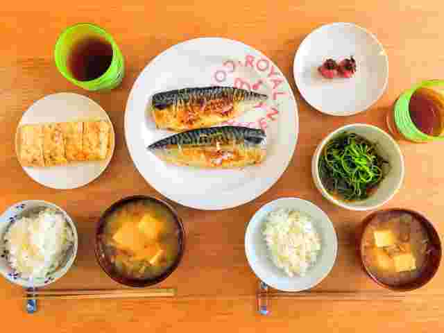 さばとごはん・ほうれんそう・味噌汁・卵焼き