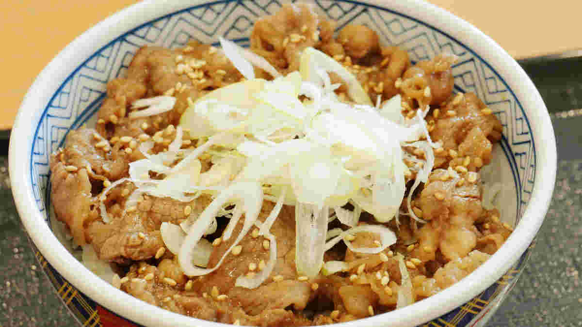 ネギがのった吉野家の特盛牛丼