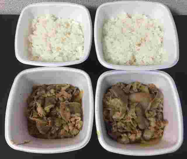 テイクアウト容器に盛られた吉野家の牛丼の具とご飯