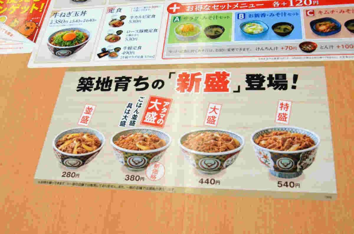 吉野家の牛丼のサイズが書かれたメニュー表