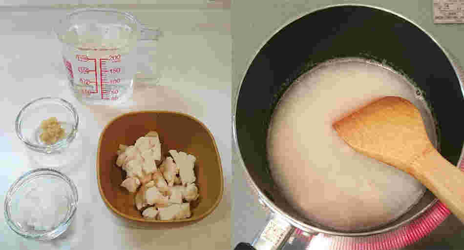 酒粕甘酒の材料と鍋で作っている様子