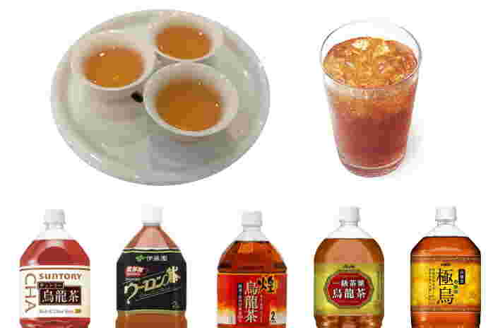 湯呑に入った烏龍茶と烏龍茶のペットボトル