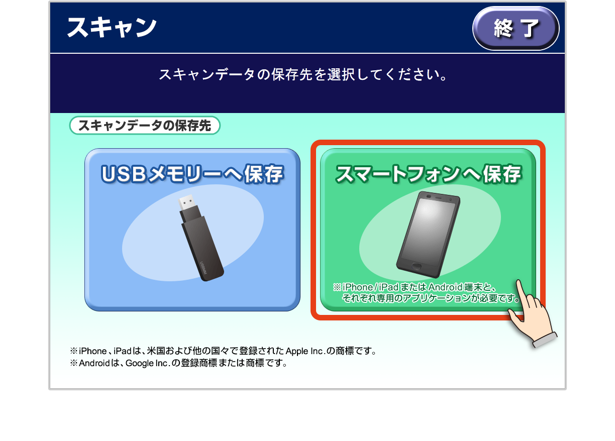 データの保存先を選ぶ画面