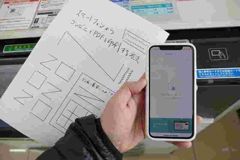 コンビニのコピー機の前でスマホを持っている
