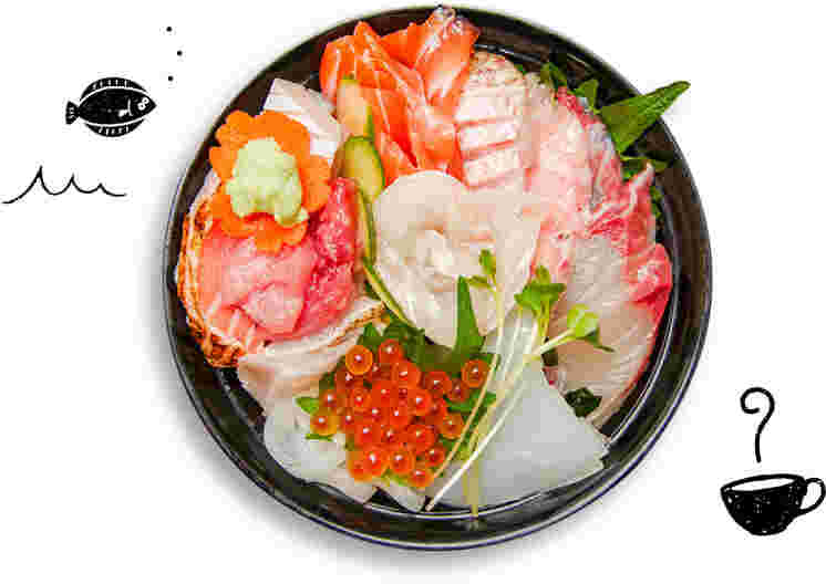 美味しそうな海鮮丼の画像と海産物とコーヒーのイラスト