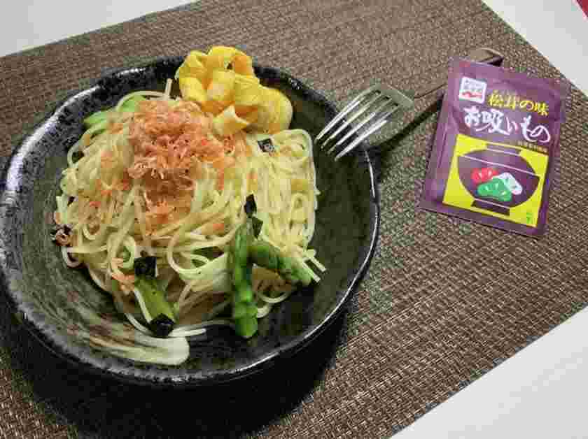 お吸物の素で作ったアスパラと桜えびの和風パスタ