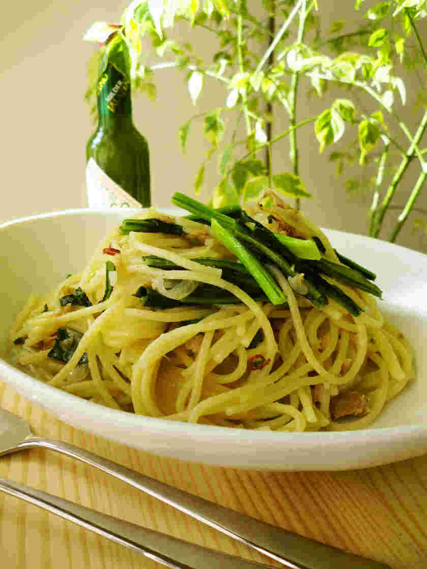 かぶの葉っぱとシーチキンのパスタ