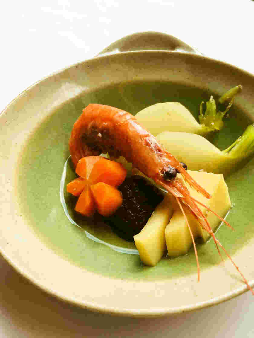 甘エビと春野菜の炊き合わせ