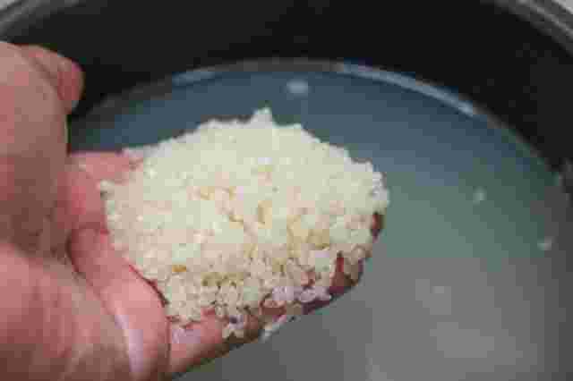 水が張った炊飯釜と手に乗せた米