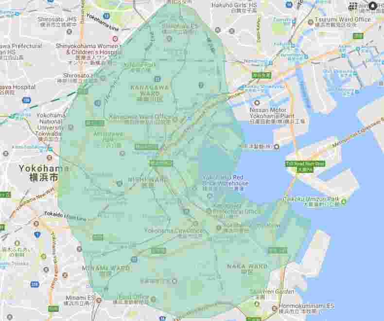 2017年11月現在の横浜でのウーバーイーツサービスエリア