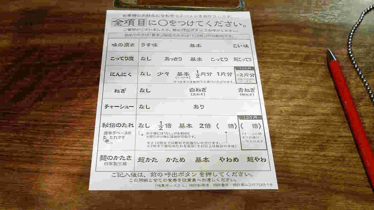 一蘭オーダー用紙