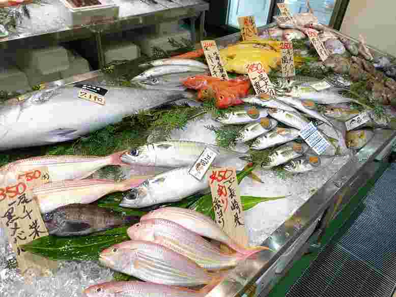 築地魚河岸1階の鮮魚店「音幸(おとこう)」店頭に並んだ魚