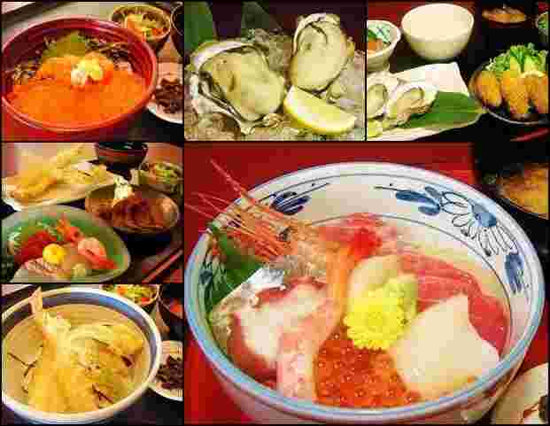 美味しそうなイクラ丼、海鮮丼、生牡蠣、刺身、天ぷら、カキフライなどが並んだ画像