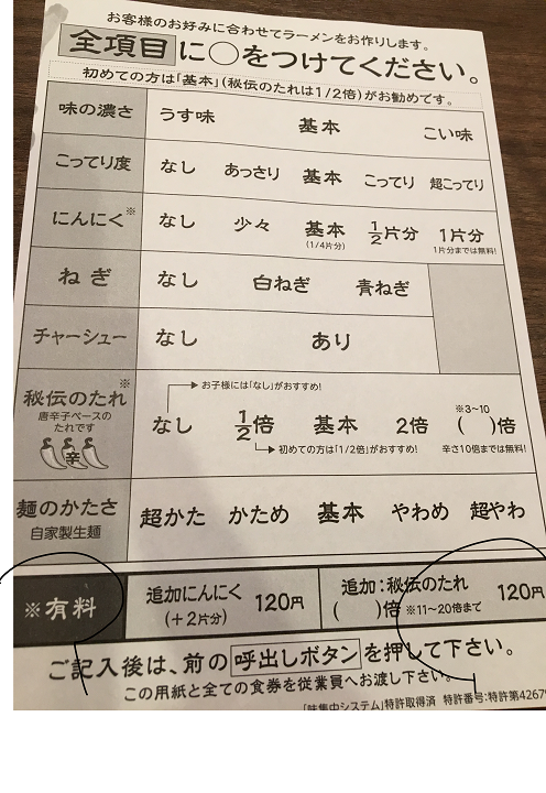 一蘭記入用紙