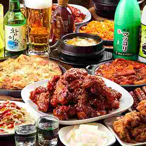 チキン料理と韓国焼酎やマッコリなど