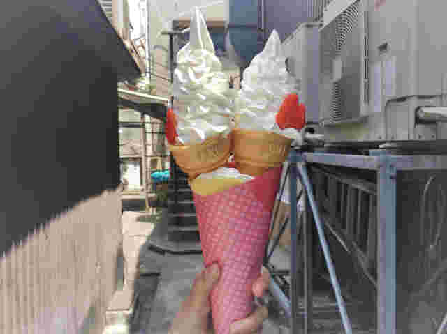2つのコーンに盛られたソフトクリームの様な生クリーム