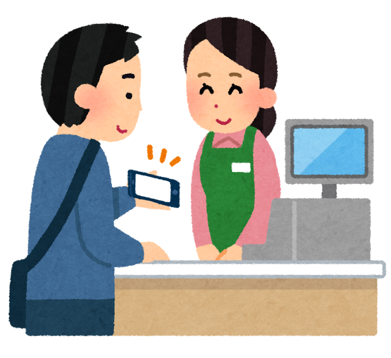 スマホをレジで見せている