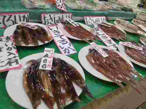 函館の市場に並ぶイカ