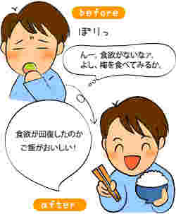 梅干しを食べて食欲が回復する男の子