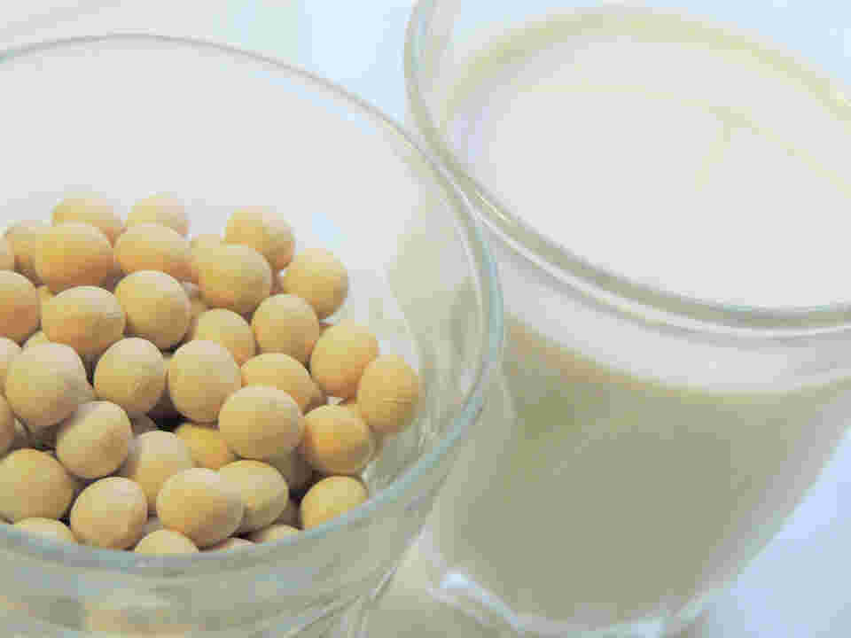 コップに注がれた豆乳と大豆