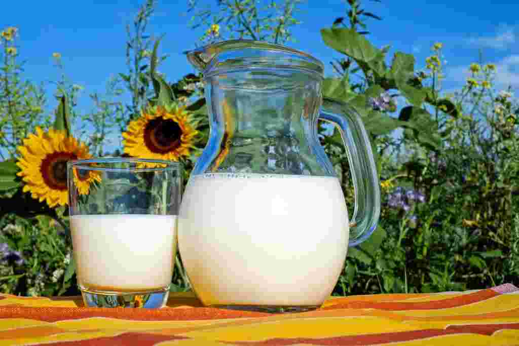 牛乳が入ったポットと牛乳がはいったコップ