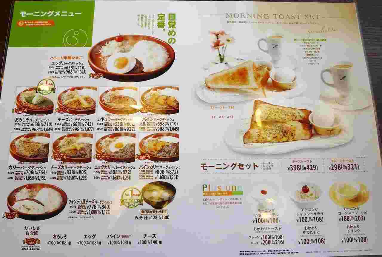 びっくりドンキーのモーニングメニュー表