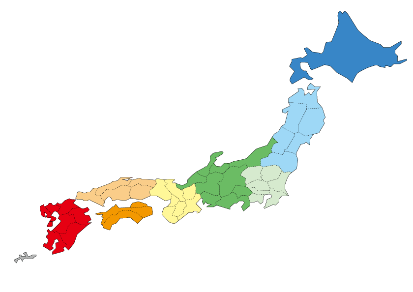 地域によって色分けされた日本地図
