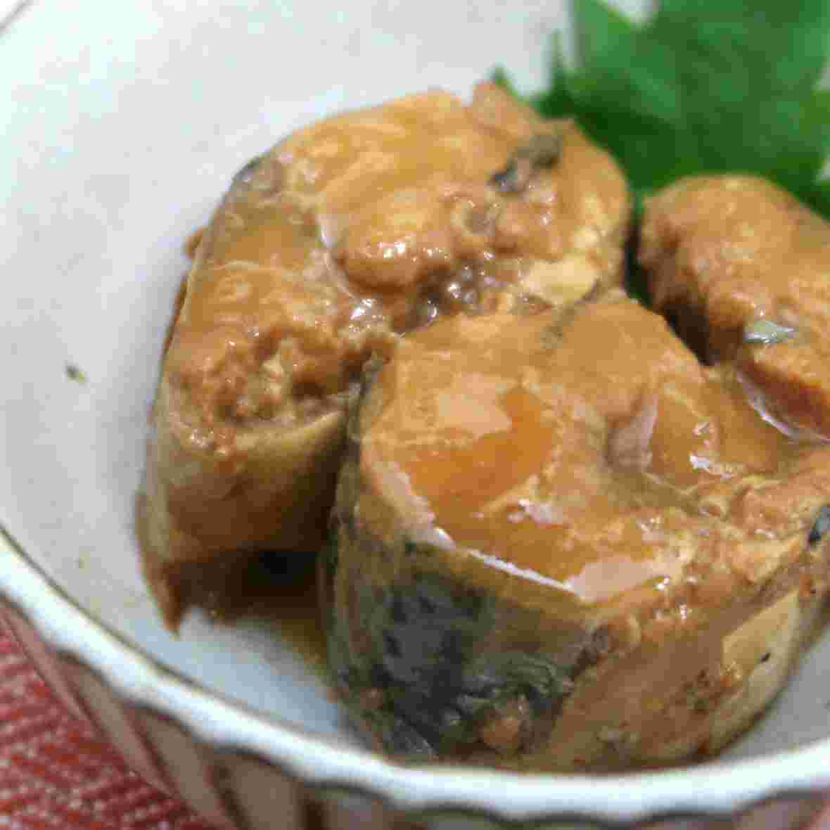 皿に盛りつけたおいしそうなサバ缶味噌煮