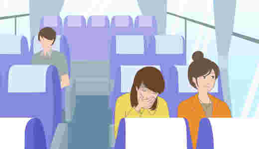 バスで乗り物酔いする女性のイラスト