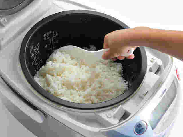 炊飯器でアルファ化米炊き上げてしゃもじでよそう