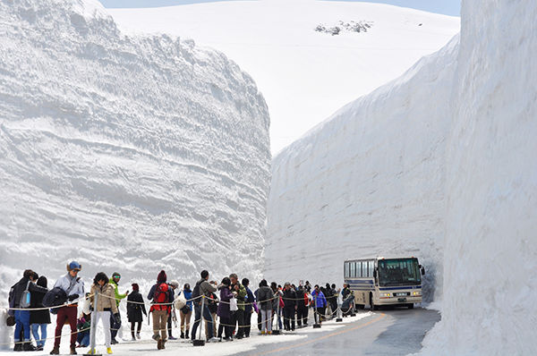 観光客で賑っている立山アルペンルートの風景