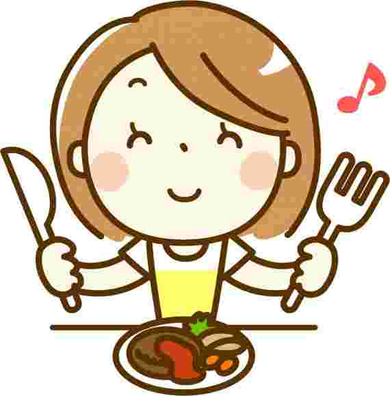 料理を前に微笑む女性のイラスト