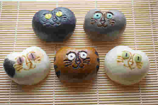 かわいいデザインが違う5種類の猫まんじゅう