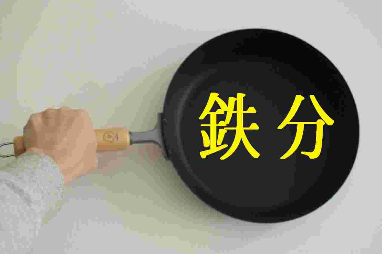 片腕で鉄分と書かれているフライパンを横に持っている