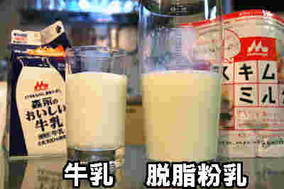 牛乳と脱脂粉乳を比べている様子