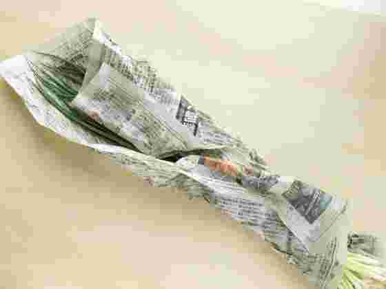 長ネギを新聞紙で包んだ様子