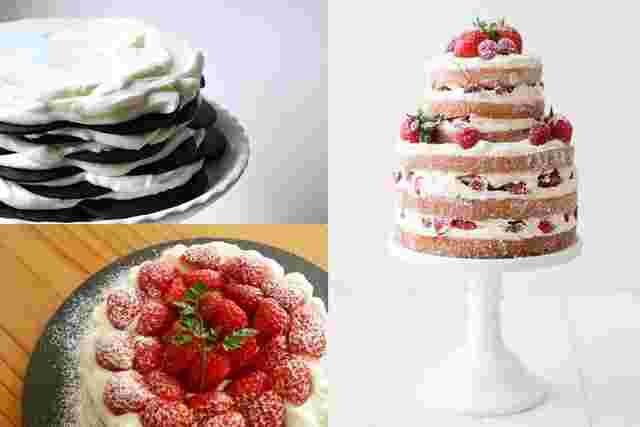 器や皿に盛ったさまざまなケーキのラインナップ