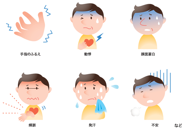 手指の震えや発汗など低血糖の症状をあらわしたイラスト