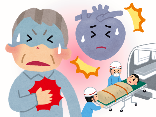 心筋梗塞を起こした男性、救急車に運ばれる人のイラスト