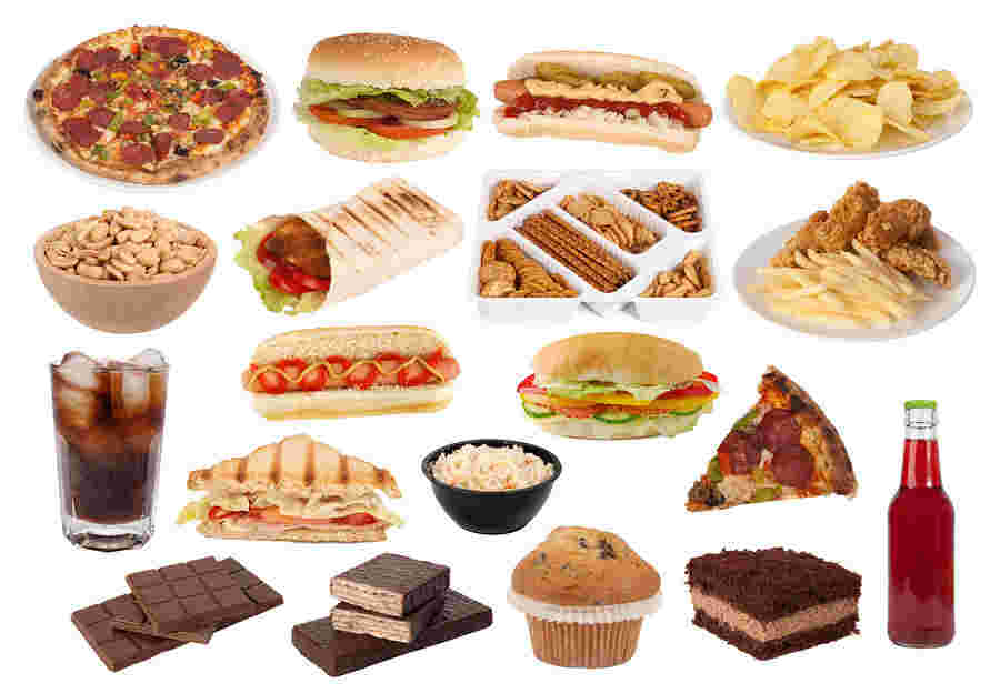 ピザやハンバーガーなど脂質が多い食品の一例