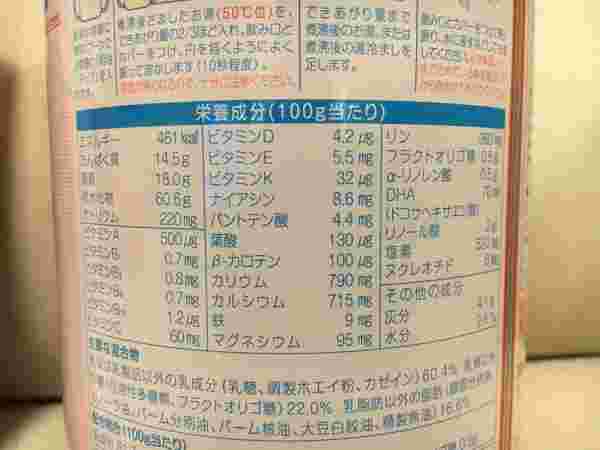 粉ミルクの缶の成分表