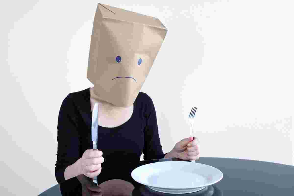 紙袋をすっぽり被った女性がナイフとフォークを手に持ち、空っぽの皿に向き合う