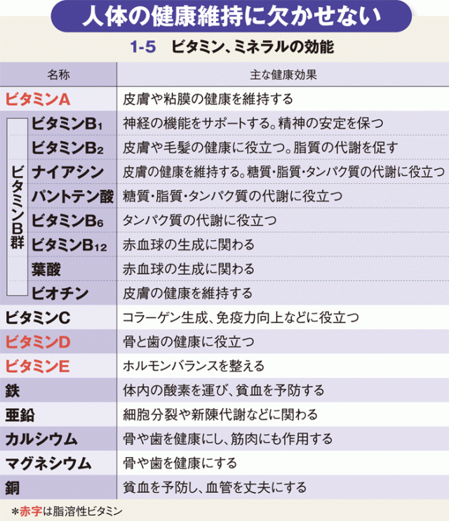 主なビタミン類やミネラルの効能