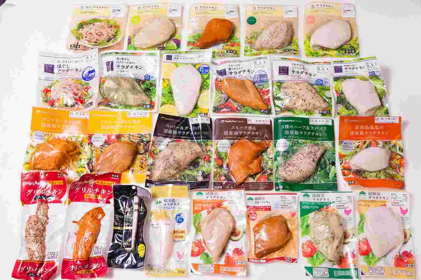 スーパーやコンビニで売られているサラダチキンを並べて紹介