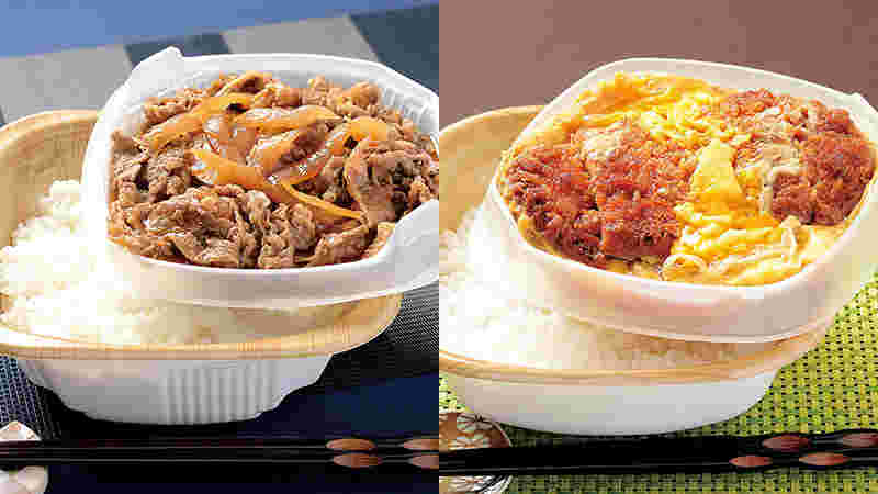 おかずとご飯が分けられたカツ丼と牛丼を並べた写真