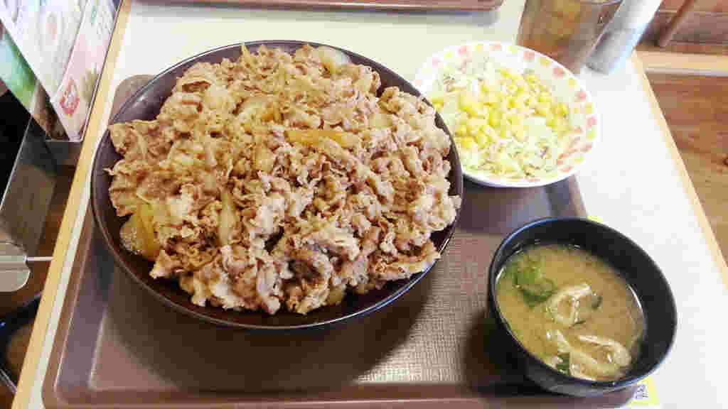すき家の牛丼にサラダとお味噌汁のセット
