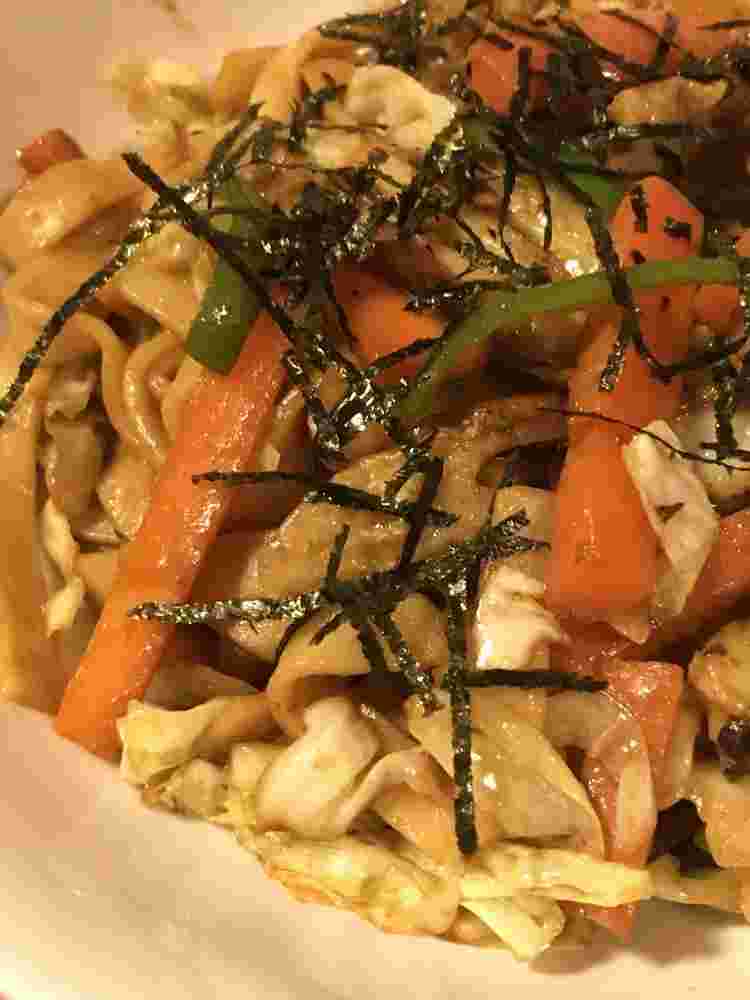 磯辺揚げ風竹輪＆きしめんの味噌焼きうどん