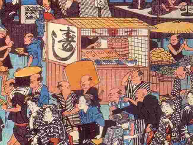 江戸時代の町と人々と寿司屋の屋台の絵