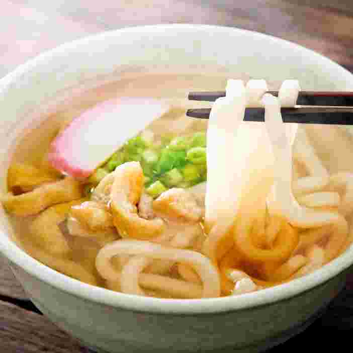 うどんを器に盛った完成品。箸で麺をすくう