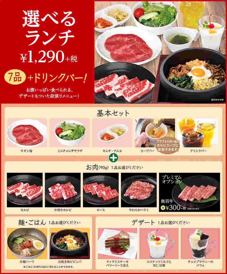 焼肉宝島のお肉とごはん、デザートがついたメニュー